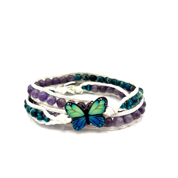 Hand Crafted Jewelry - Hand Crafted Purple and Blue Agate Wrap Bracelet